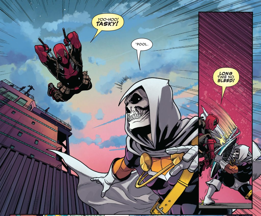 Képregényoldal rajta Deadpoollal, akik megtámadja a Kiképzőt