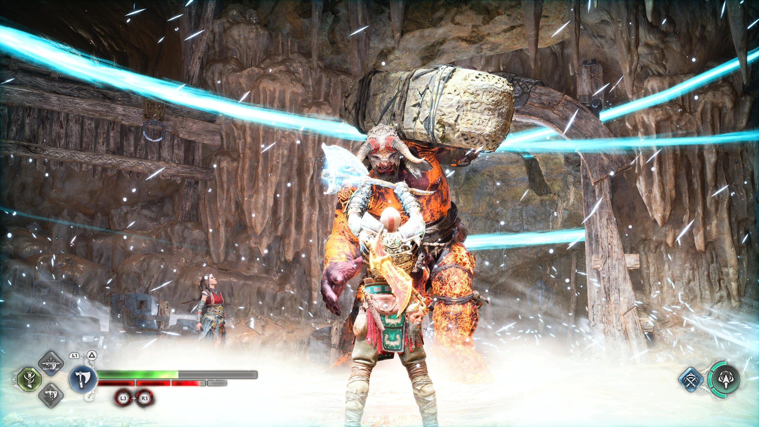 Kratos egy erős rúnatámadással támadja a Trollt