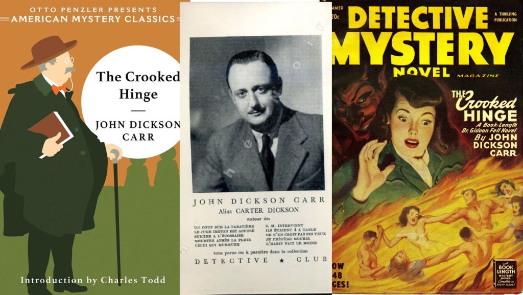 John Dickson Carr és a könyvei eredeti borítói (Forrás: https://thepassingtramp.blogspot.com/2019/12/naughty-night-dead-mans-knock-1958-by.html)