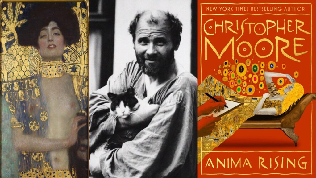Klimt, az általa készített kép Judithról (akiről Moore a halott lányt elnevezte) és Judith egy eredeti borítón kép-múzsa-3 (Forrás: httpsblog.chrismoore.com20250324evolution-of-a-book-cover)